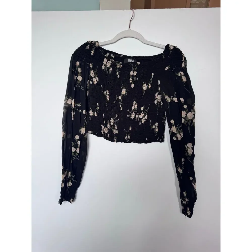 Reformation Milan Smocked Crop Top blouse Black Floral medium smocked romantic